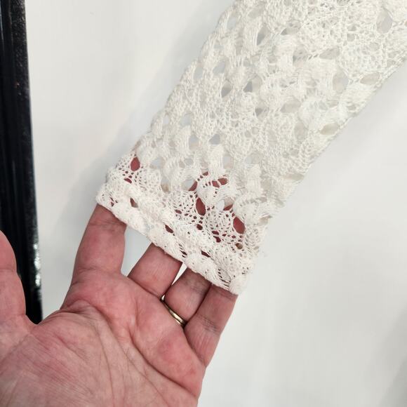 Coin 1804 White Crochet Long Sleeve Shark Bite Hem Boho Overlay Top Women's M - Picture 4 of 7